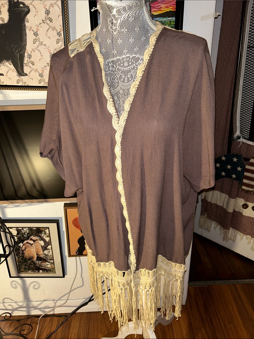 Brown Fringe Open-Front Kimono with Cream Trim